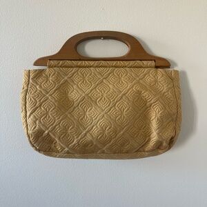 Vintage 60s/70s Quilted Mustard Yellow Handbag with Wooden Handle